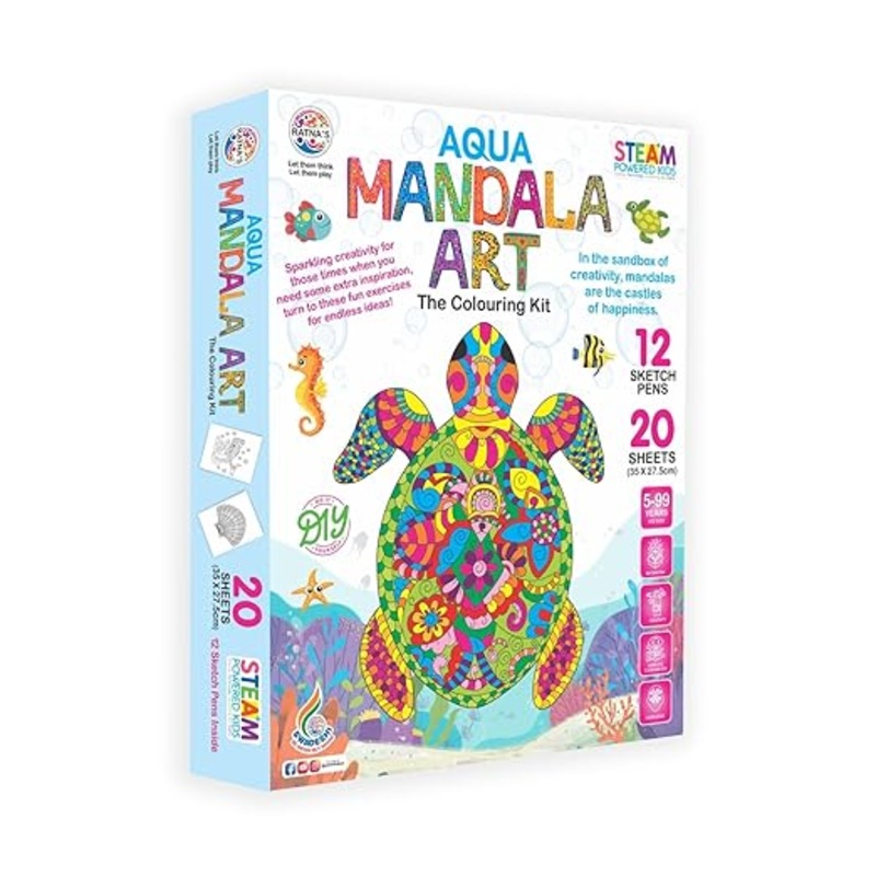RATNA’S Aqua Mandala Art Coloring Kit – 20 Sheets And 12 Sketch Pens for All Ages – Multicolor