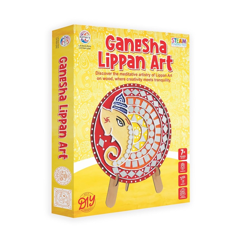 RATNA’S Ganesha Lippan Art DIY Craft Kit, 6 Wooden Art Pieces, Mirror Work Set with Colors, Frames, for Kids & Adults 7+ Years