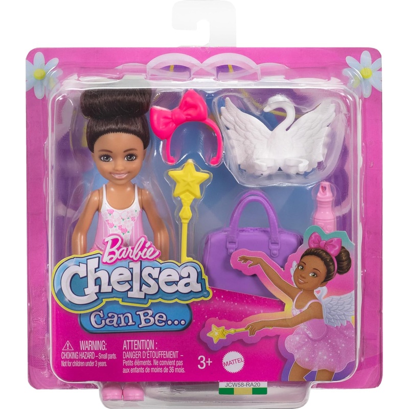 Barbie Toys, Chelsea Doll & Accessories Ballerina Set, Career Brunette Small Doll with 5 Dance-Themed Pieces Including Swan Wings
