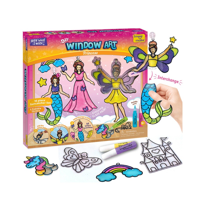 Imagimake Princess-Themed Window Art Craft Kit: 16-Piece Glass Painting Set with Mermaid and Unicorn Designs – Ideal for Girls Aged 5 Years & Up