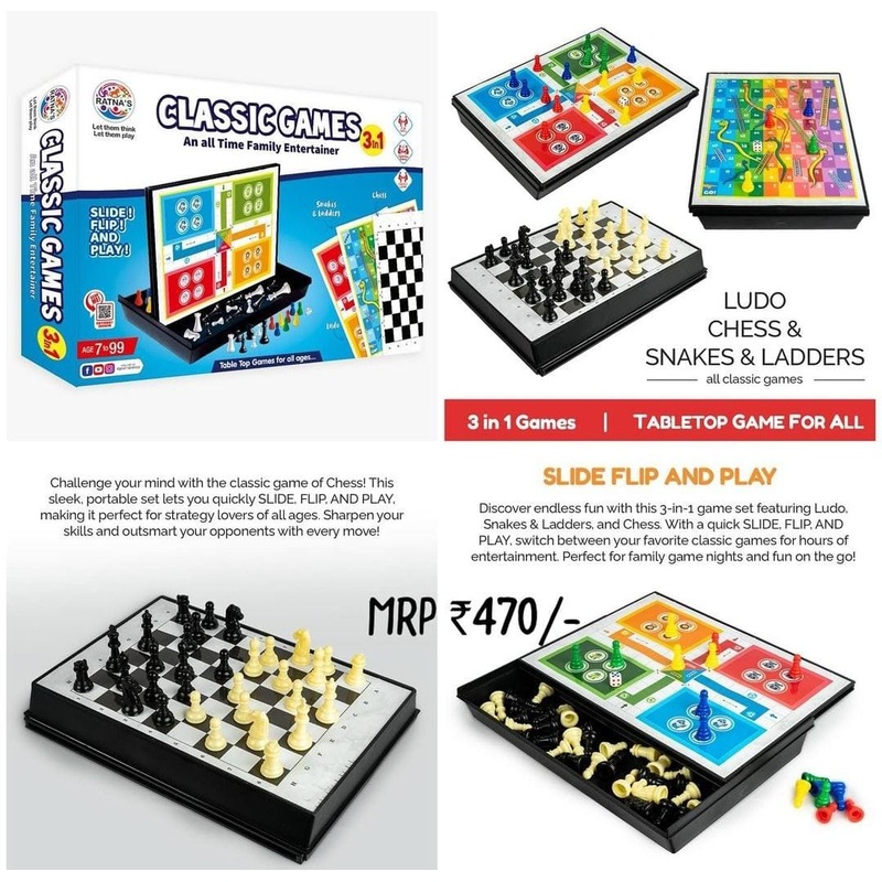 Ratna 3 in 1 Classic Board Games – Multicolor