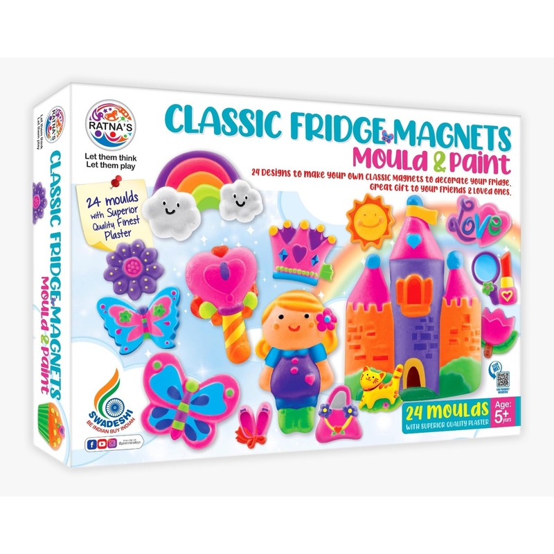 Ratna’s Classic Fridge Magnets Mould & Paint Senior DIY Kit – Create 24 Adorable Plaster Fridge Magnets & Badges – Fun Craft Activity for Kids & Adults