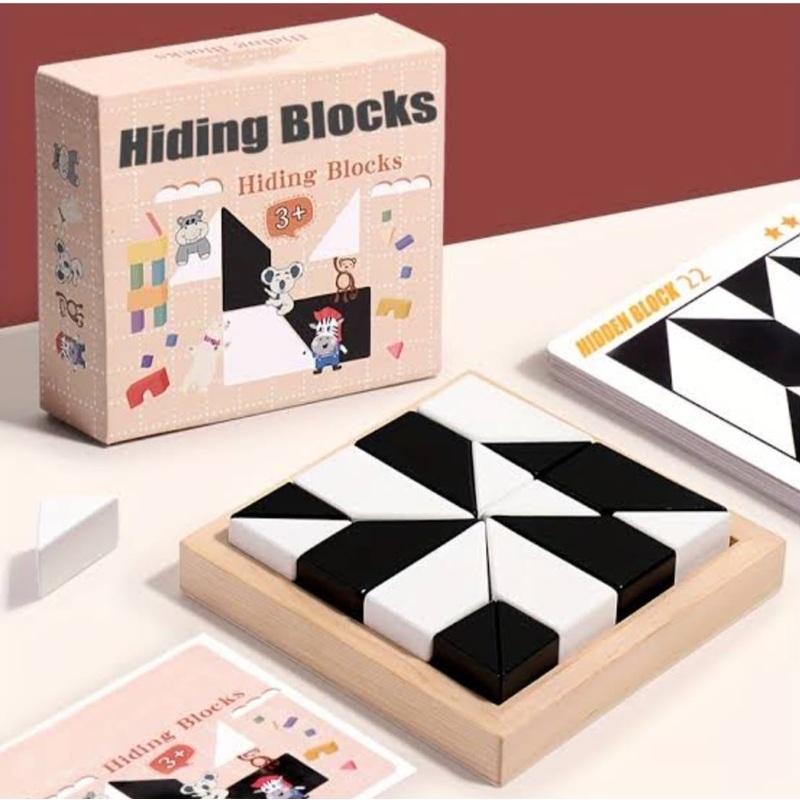 Wooden Hiding Blocks, 3D Puzzle Board Kids Games, Jigsaw Puzzles for Adults, Montessori Toys for Wooden Blocks, Brain Teaser Games Black & White Geometric Blocks Puzzles for Kids Multicolor