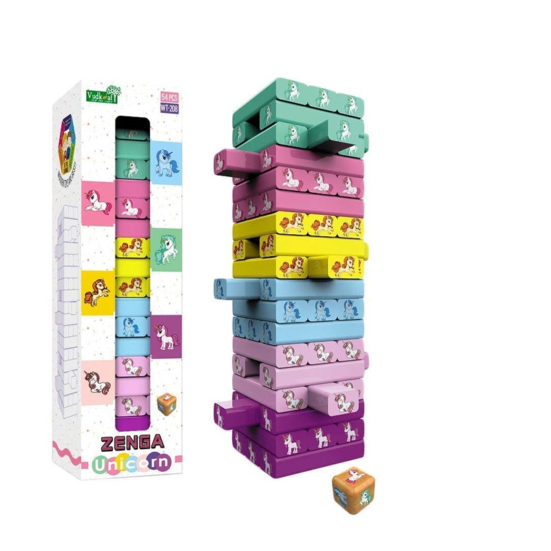 Wooden Unicorn/Dinosaur Tower Game: Tumbling Blocks Set with 54 Pieces