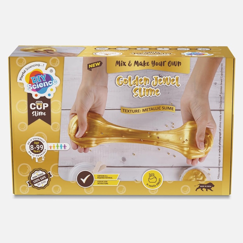 DIYScience Golden Jewel Slime Kit, Slime Making Kit, 8+ Years, Make Shiny & Stretchy Metallic Slime, Scented Slime Glitter Glue, Activator Gel, Golden Pigment, Golden Bead Toppings