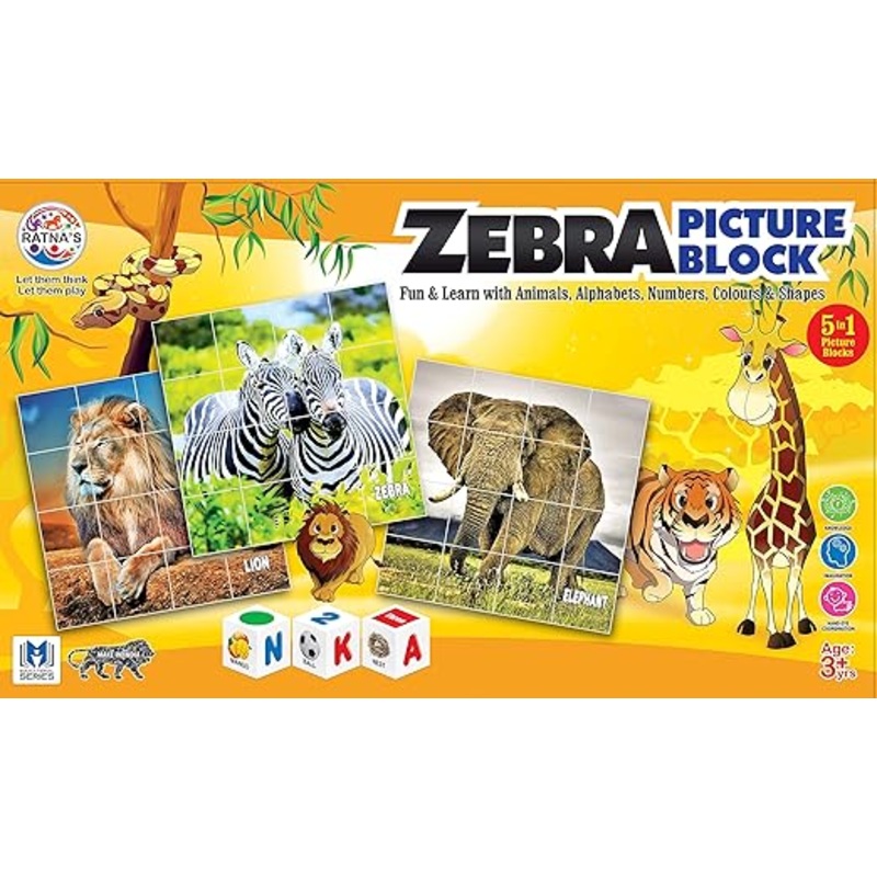 RATNA’S 5 in 1 Educational Zebra Animal Picture Blocks for Kids – Multicolor