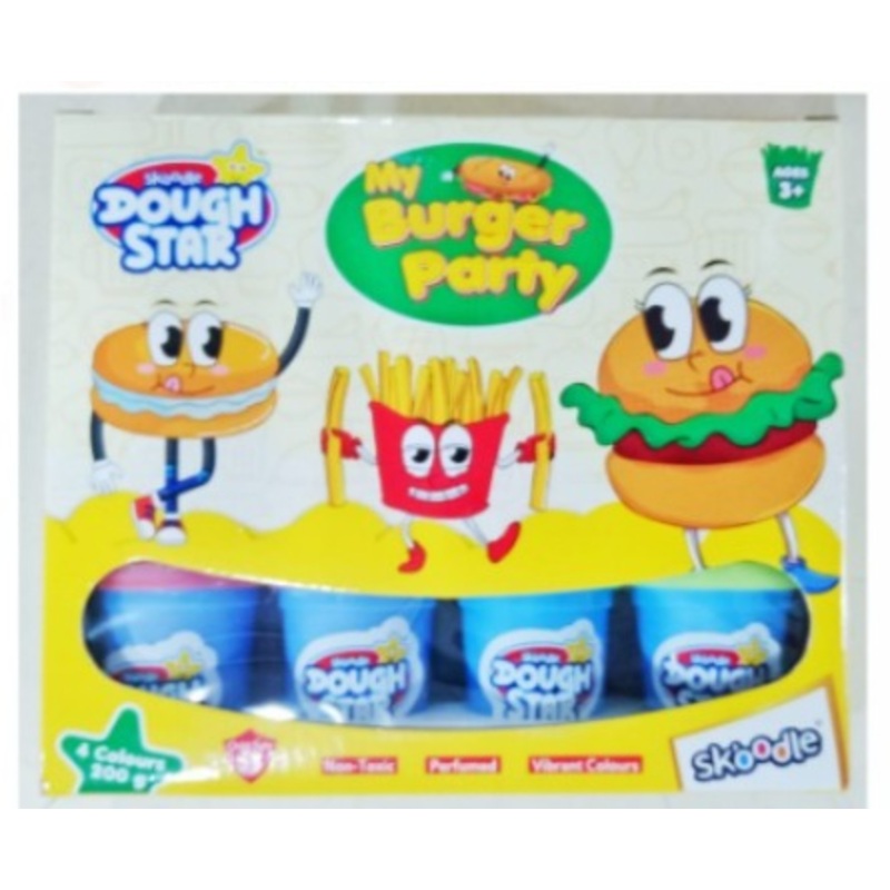 Skoodle Dough Star My Burger Party For Kids – 4 Colors 200gm – Color & Design May Vary
