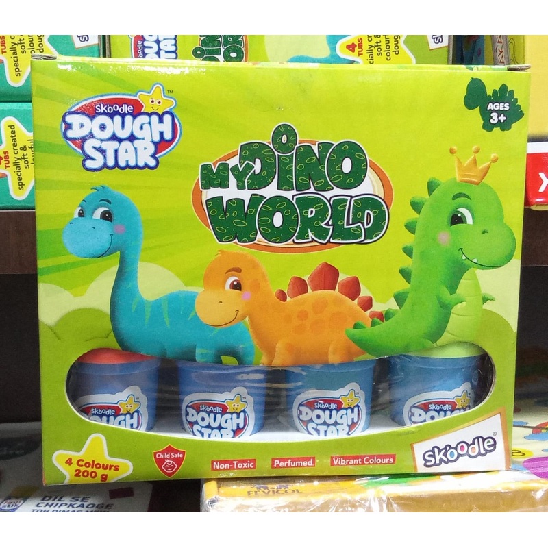 Skoodle Dough Star My Dino World For Kids – 4 Colors 200gm – Color & Design May Vary