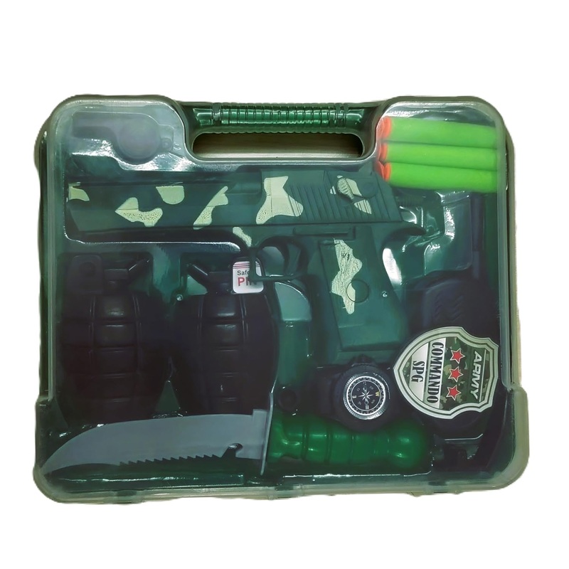 Army Suitcase Kit Pretend Play Toy for Kids Role Play Fun with Soft Bullet Gun, Hand Grenade, Whistle, Army Badge and More Accessories Multicolor