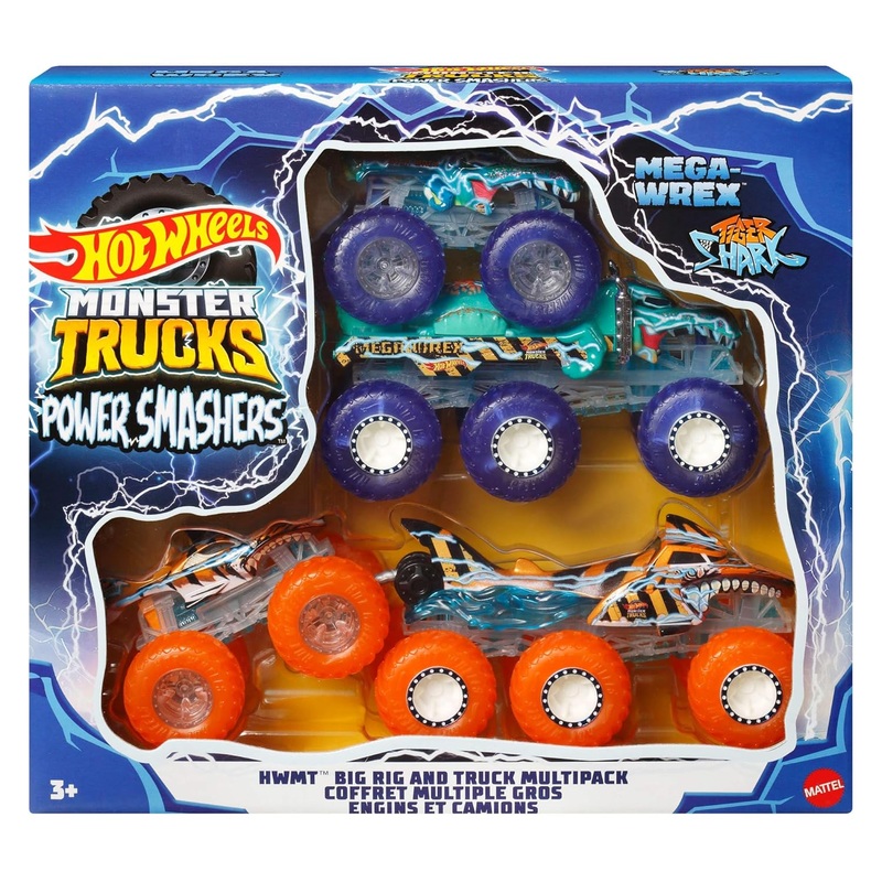 Hot Wheels Monster Trucks Power Smashers Set  Mega-Wrex & Tiger Shark with Trailers (1:64 Scale, HYJ29)