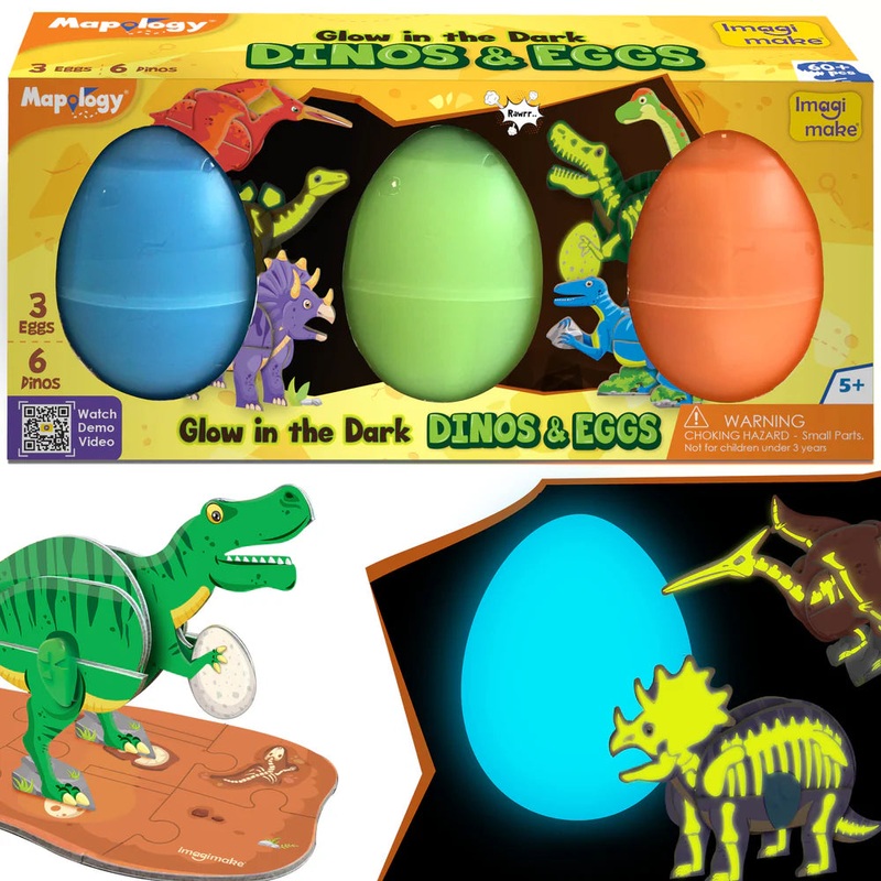 Imagi Make Glow in The Dark Dinos & Eggs – Set of 3 Eggs – 6 Dinos – Multicolor