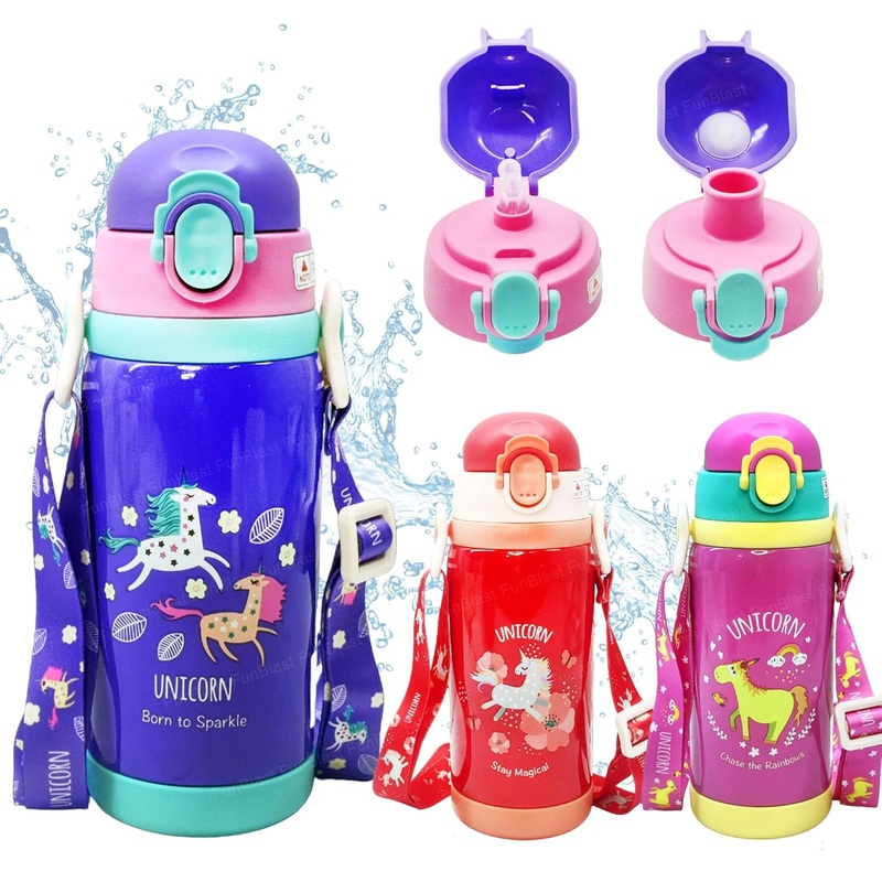 Unicorn Theme Hot & Cold Water Bottle for Kids  Double Walled Thermos Flask Vacuum Insulated Stainless Steel Bottle  Dual Cap Bottle with Straw & Wide Mouth Cap (450 ML)