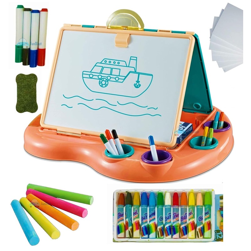 2-in-1 Multifunctional Whiteboard and Blackboard Slate for Kids – Learning Toy with Colors & Stationary Items for Kids School Supplies
