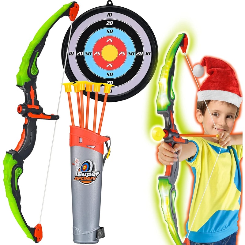 Archery Play Set with Luminous Bow, Toy Set with LED Light, Target and Quiver, Indoor & Outdoor Toy for Kids