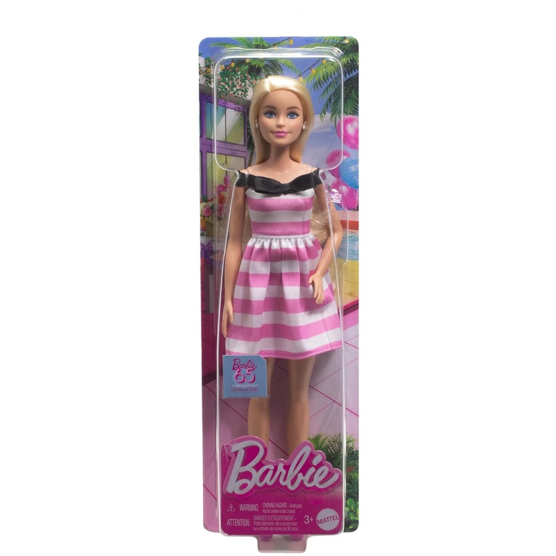 Barbie Doll and Accessories, 65th Anniversary Doll with Blonde Hair, Pink and White Striped Dress – Multicolor