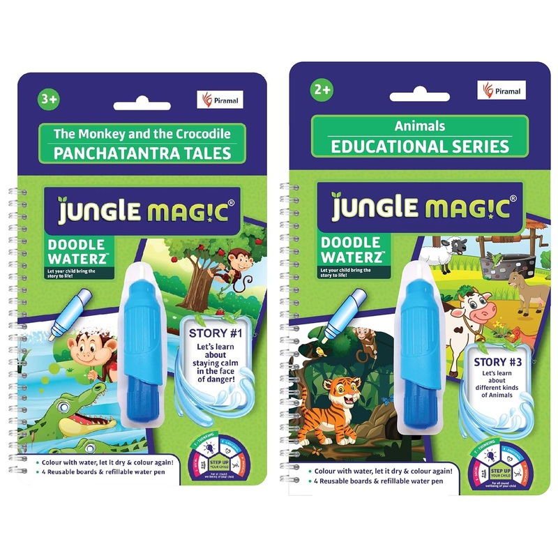 Jungle Magic Doodle Waterz – Reusable I Water Colouring Book – Panchtantra Story I Monkey & Crocodile I Self-Drying with Easy to Hold Water Pen I Educational Toy for Kids&Jungle Magic Doodle