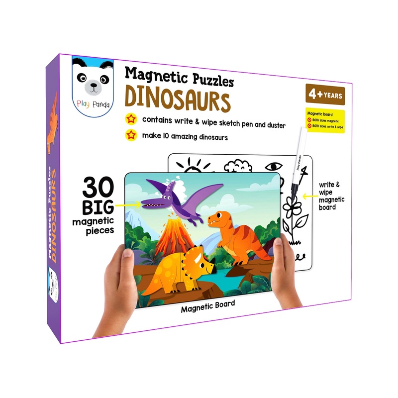 Play Panda Magnetic Puzzles Dinosaurs Write & Wipe Magnetic Board Puzzle – Multicolor