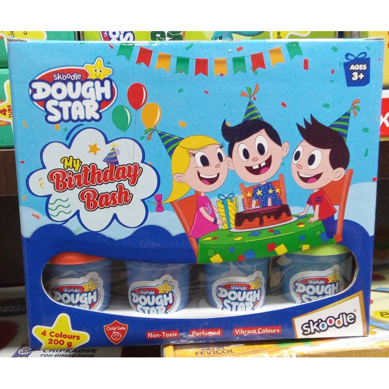 Skoodle Dough Star My Birthday Bash For Kids – 4 Colors 200gm – Color & Design May Vary