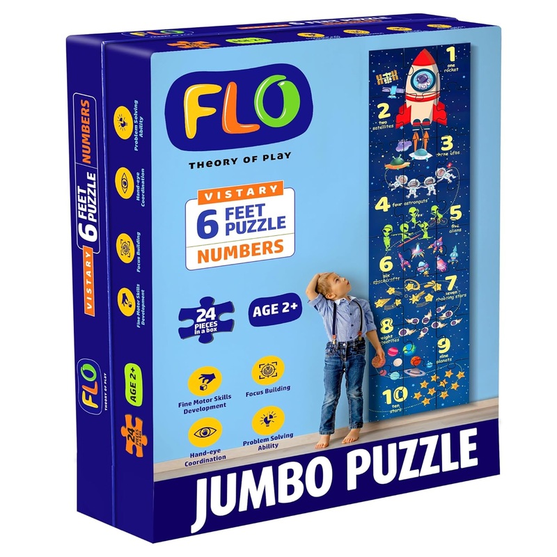 FLO Toys 6 Feet Numbers Floor Puzzle for Kids | 24 Jumbo Pieces | Learn 123 Counting with Space Theme  Astronauts, Planets, Rockets & Stars | Educational Puzzle for Toddlers & Preschoolers Ages 2+