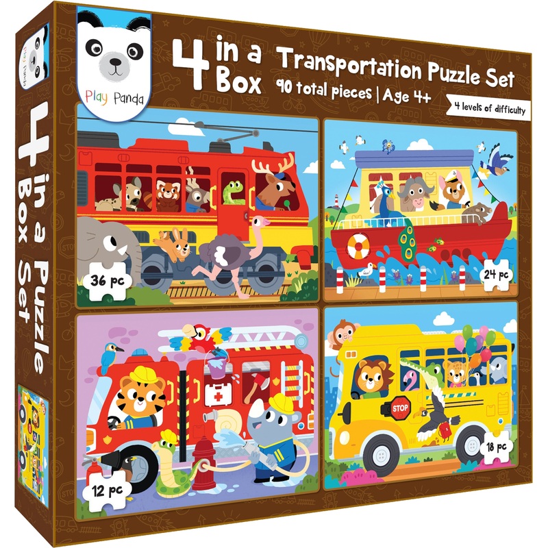 Play Panda  4 in a Box Transportation Puzzle Set for Kids  Educational Puzzle for Kids – 90 total Pieces
