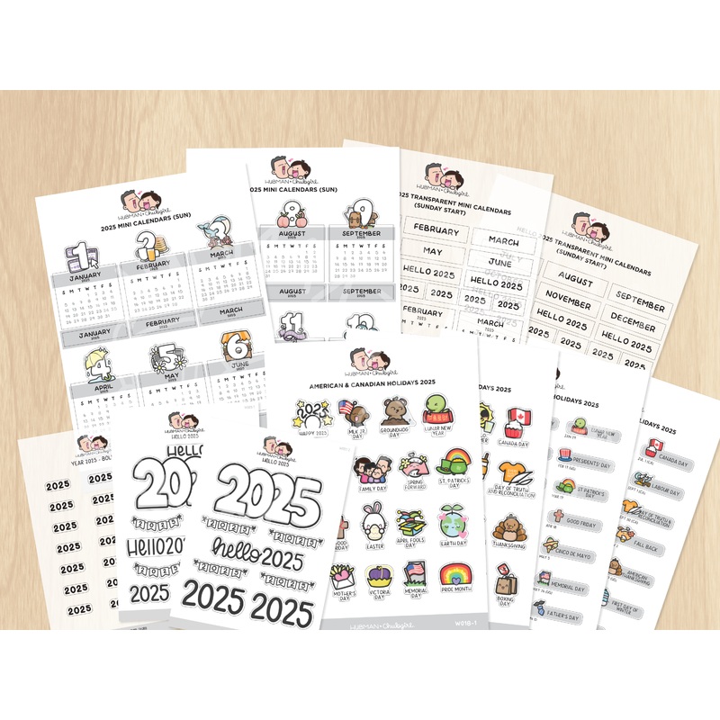 2025 Calendars Sticker Set|Monday Start|Sunday Start
