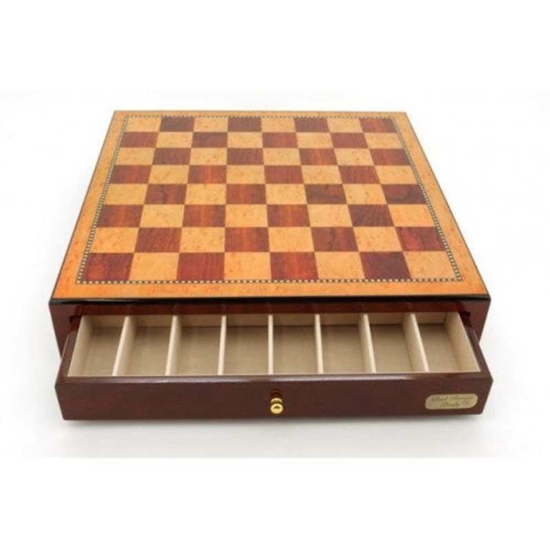 Wooden Chess/Checkers board only – 18 Shiny Mahogany finish w/ drawers – Dal Rossi