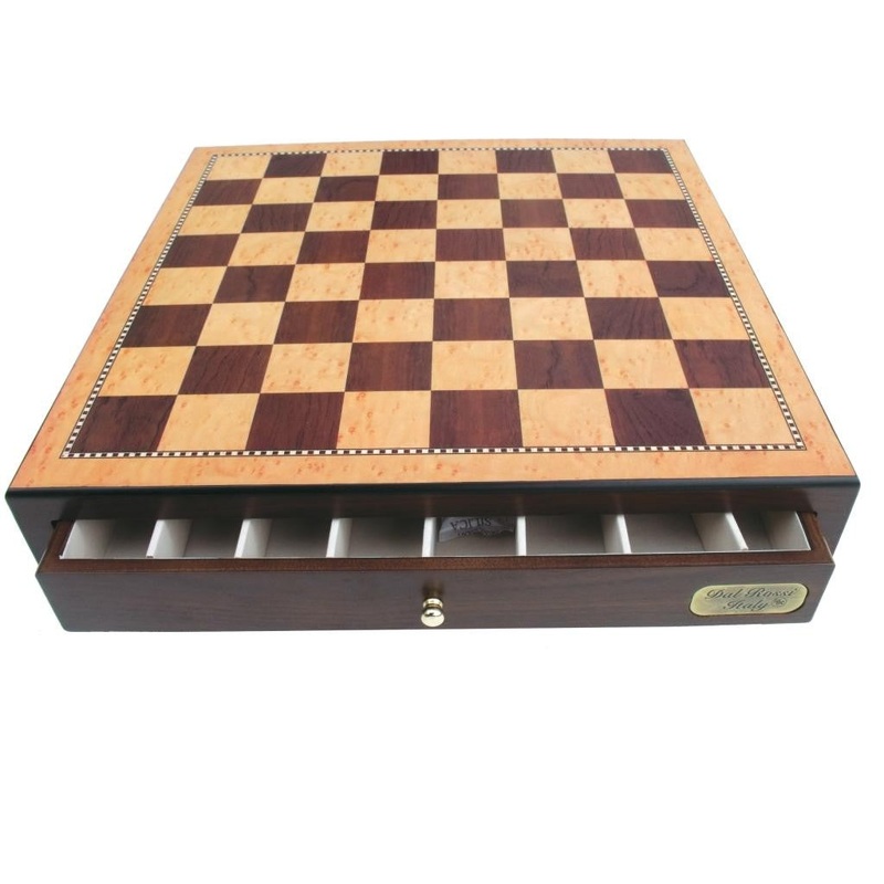 Wooden Chess/Checkers board only – 18 Shiny Walnut finish w/ drawers – Dal Rossi